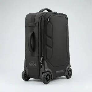 The interior compartments of a mountain bike travel bag designed for frame and wheel protection.