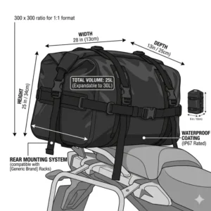 2: Technical illustration showing the dimensions and capacity of a motorcycle luggage rack bag for touring gear.