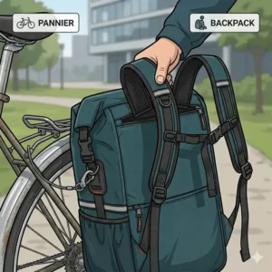 A hybrid pannier to backpack bag securely clipped onto the rear rack of a commuter bike.