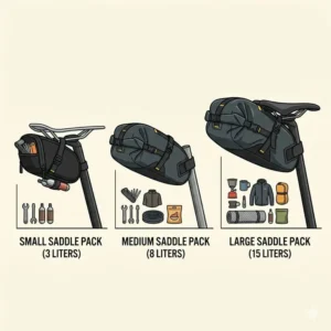 Graphic illustrating different saddle pack capacities ranging from small three-liter bags to large fifteen-liter bikepacking packs.