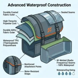 Infographic diagram showing the TPU coating and welded seams of a heavy-duty waterproof bicycle bag.