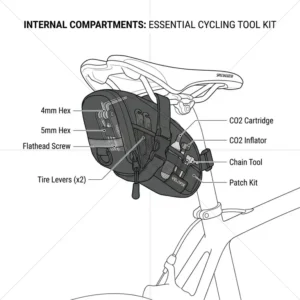 Technical illustration showing the exact dimensions and size of a bicycle tool bag.