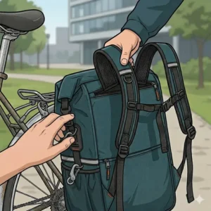 Hands detaching a convertible bike pannier to backpack from the rear rack using a quick-release mounting system.