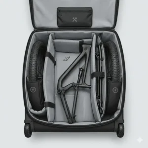 Close-up of the heavy-duty and waterproof fabric of a mountain bike travel bag.
