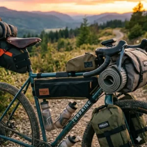 A GPS bike computer and electronic gravel bike accessories mounted on the handlebars displaying an off-road route map.