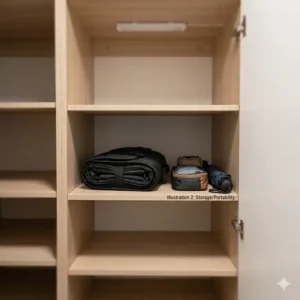 A compact black foldable bike bag stored efficiently on a shelf inside a wooden closet.