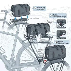 Diagram demonstrating how to securely attach a bicycle rear bag to a standard rear luggage rack.