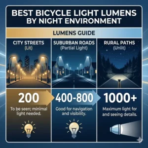 A lumen brightness chart helping users choose the best light for cycling at night based on environment.