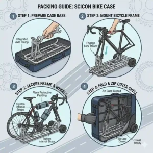 Step-by-step guide on how to pack a road bike into a Scicon bike case.