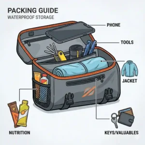 Line drawing illustration of packing essentials like a phone, tools, and jacket inside a waterproof bicycle bag.