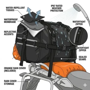 3: Graphic showing waterproof protection layers and sealed seams on a durable motorcycle luggage rack bag.