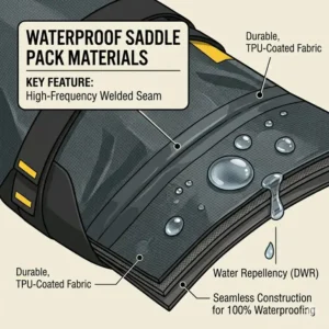 Close-up illustration of a waterproof saddle pack fabric showing welded seams and water droplets repelling off the surface.