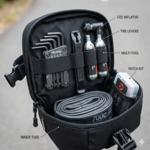 Interior view showing the organized internal compartments of a bicycle tool bag.