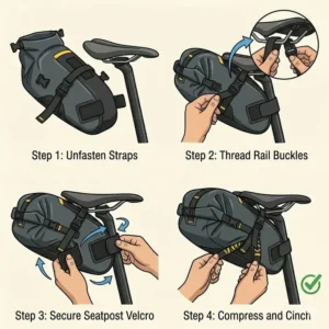 Illustration showing how to attach a saddle pack to a bike using velcro straps around the seatpost and buckles through the saddle rails.