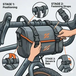 Step-by-step illustration showing how to secure a waterproof bicycle bag to a bike frame using adjustable straps.