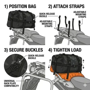 4: Step-by-step installation guide demonstrating how to attach a motorcycle luggage rack bag to a bike.