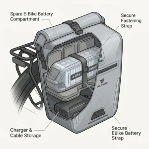 Reinforced electric bike bag designed specifically for carrying a spare lithium-ion battery safely.