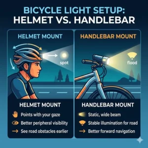 Comparison of helmet and handlebar mounts for the best light for cycling at night setup.