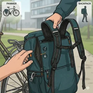 Zippered panel covering the bike rack mounting hooks on a convertible pannier to backpack.
