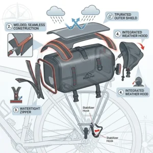 Close-up illustration of the water-resistant fabric and sealed zippers on a premium bicycle rear bag
