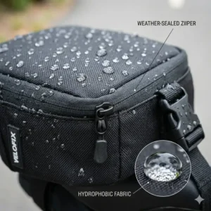 Detailed illustration of the waterproof fabric and zippers used in a bicycle tool bag.