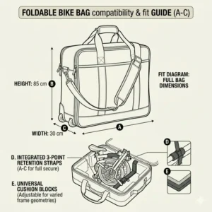 A detailed size guide and compatibility chart for a universal foldable bike bag with dimensions.