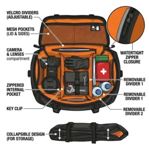 5: Overhead illustration displaying the organized interior compartments and adjustable dividers of a motorcycle luggage rack bag.