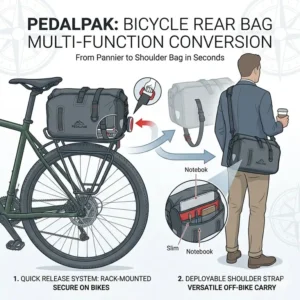 Illustration of a bicycle rear bag being used as a crossbody shoulder bag for daily commuting.