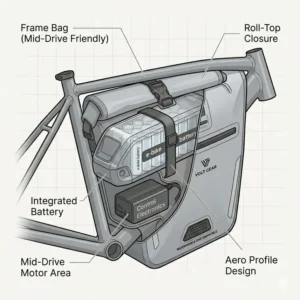 Aerodynamic electric bike frame bag tucked into the triangle of an e-bike frame for centralized weight distribution.
