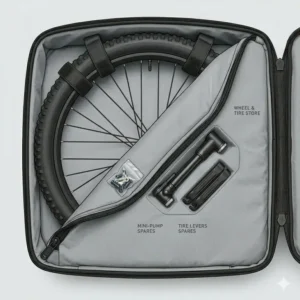 A visual guide showing how to pack a bicycle into a mountain bike travel bag safely.