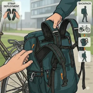 Pulling padded shoulder straps out of a hidden pocket to transform a pannier to backpack.