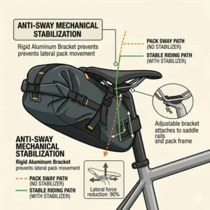 Technical diagram showing an anti-sway stabilizer bracket preventing a loaded saddle pack from moving side to side while riding.