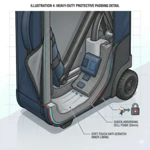 High-quality 360-degree swivel wheels on a Scicon bike case for easy airport transport.