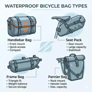 Illustrated chart comparing different styles of a waterproof bicycle bag including frame bags, saddle packs, and panniers.