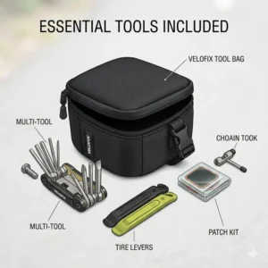 A bicycle tool bag displayed with essential repair tools like multi-tools and tire levers.