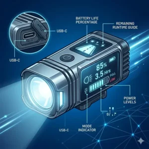 Technical display of battery life and USB charging on the best light for cycling at night.