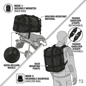 6: Vector graphic showing a versatile motorcycle luggage rack bag converting into a wearable backpack.