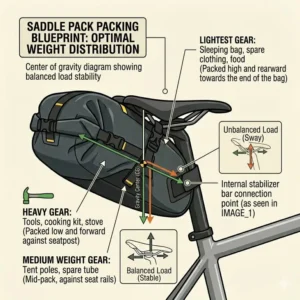 Diagram showing the best way to load a bike saddle pack with heavy gear close to the seatpost and lighter items at the back.