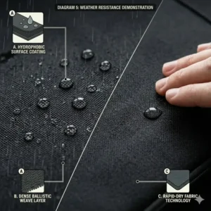 A close-up demonstrating the waterproof ballistic nylon material of the foldable bike bag under rain.