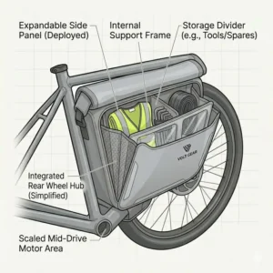 Versatile electric bike trunk bag with expandable fold-out side pockets for extra grocery or gear storage.