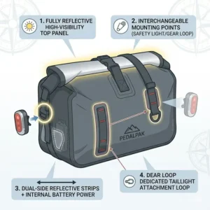 Illustration highlighting the reflective strips and light attachment loop on a bicycle rear bag for night riding safety.