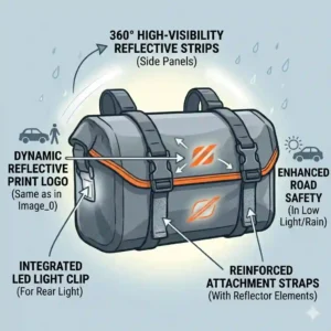 Graphic illustration detailing the reflective strips and safety light attachment clip on a waterproof bicycle bag.