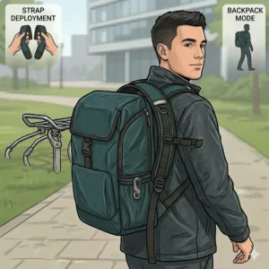 A commuter walking into an office building wearing a sleek pannier to backpack hybrid bag.