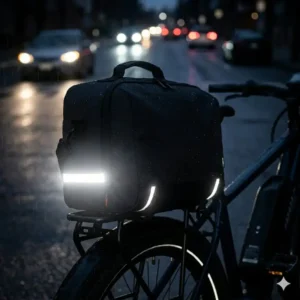 Raindrops bead off the surface of a heavy-duty ebike bag during a wet-weather cycling trip.