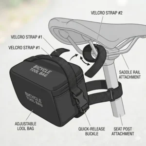 Diagram showing how to install a bicycle tool bag using the adjustable strap system.