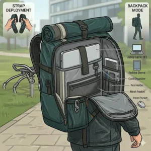 Inside view of a convertible backpack pannier to backpack showing a padded laptop sleeve and organized tech pockets.