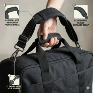 Detailed view of the reinforced handles and ergonomic shoulder straps of the foldable bike bag.