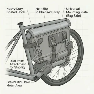 Illustration showing the universal mounting straps used to secure electric bike bags to various thick-tubed e-bike racks.