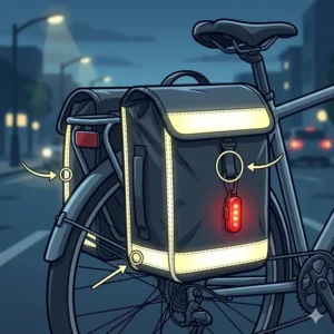 Interior view of a bicycle rear bag showing organized compartments for a laptop, bike tools, and personal items.