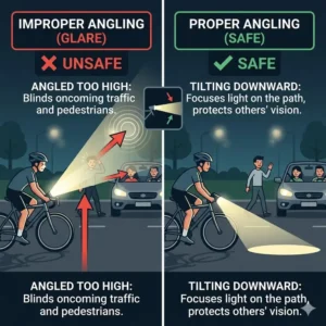 Infographic showing how to angle the best light for cycling at night to prevent glare.